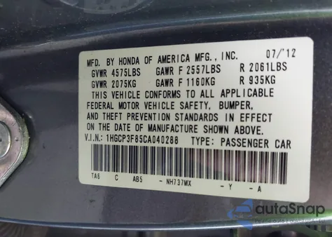 2012 Honda Accord 3.5 Ex-L from USA, damaged, VIN 1HGCP3F85CA040288